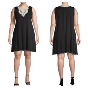 Max Studio 2X Dess Black Sleeveless Knee Length Split Neck Crochet Trim NWT